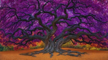 A vibrant and surreal landscape featuring a large fantasy tree with purple foliage