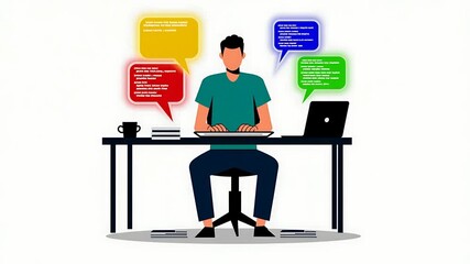 Programmer Working at Desk with Colorful Code Bubbles