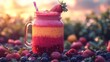 © BloomArt - Vibrant Layered Berry Smoothie in a Mason Jar with Fresh Strawberries, Raspberries, and Blackberries, set against a Soft Golden Hour Sunset Background.