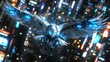 © alexsa - Cybernetic avian guardian soars above dazzling cityscape in futuristic vision
