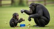 © O_studio - Chimpanzee Mother Teaching Baby How to Use Tools in Lush Green Field