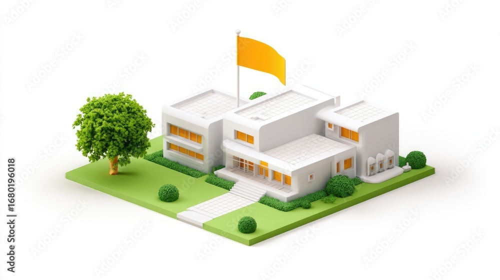 Isometric 3D model of a modern school building with a flag, tree, and ...