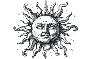 Wall Mural - Antique Style Sun Face with Fiery Rays and Stars on Transparent Background. Vector hand drawn illustration