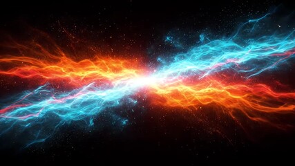 Wall Mural - Abstract, fiery and icy streams clash in a central point, amidst a star-studded void. Colors of red, orange, and blue dominate