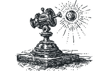 Wall Mural - Vintage telescope observing a celestial body with radiant light bursts. Vector hand drawn illustration