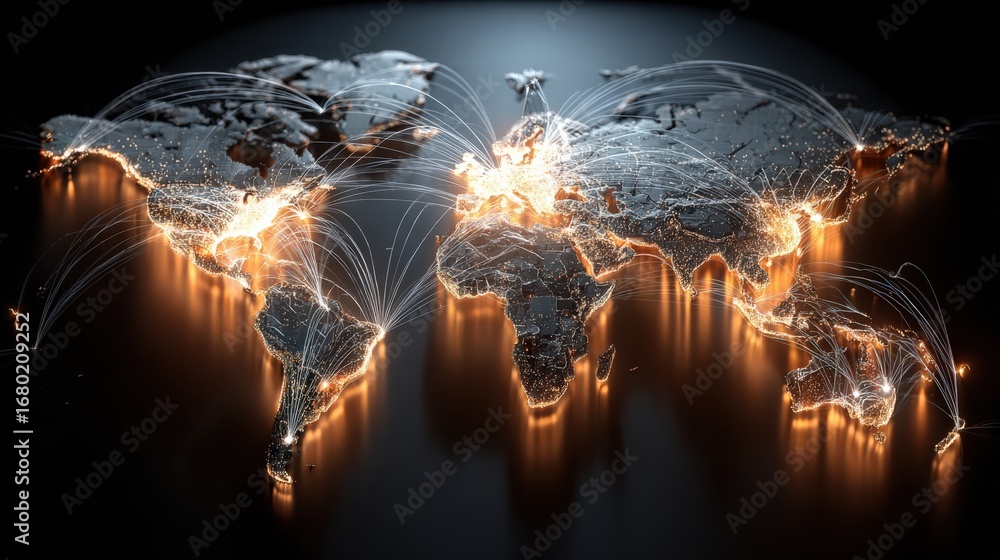 An illuminated digital world map highlighting global connectivity with ...