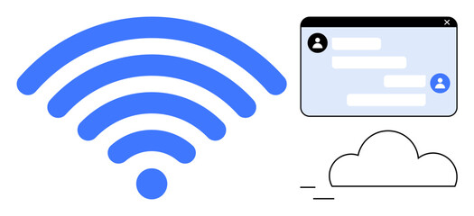 wireless symbol beside a chat window and a cloud icon signifying wireless networking, digital communication, and cloud computing. Ideal for networking, data transfer, tech apps, and simple landing