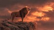 © ปฏิภาน ผดุงรัตน์ - A majestic lion roaring atop a cliff, silhouetted against a dramatic sunset
