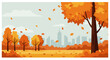 © faried ailesh - Flat vector landscape of an autumn park with orange trees, falling leaves, cloudy sky,