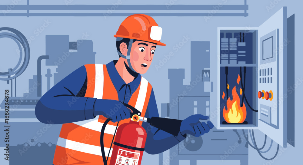Industrial worker in safety gear holding a fire extinguisher, ready to ...