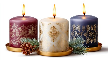 Wall Mural - three burning christmas candles with golden decorations standing on golden plates and pine branches