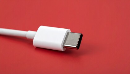 USB Type-C connector with white cable on red background