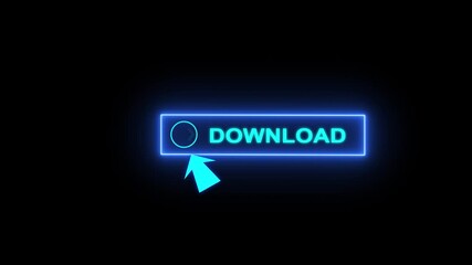Glowing neon blue color white text cursor animation pointing towards download button in looping with transparent background.