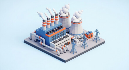 Isometric nuclear power plant energy generation facility with cooling towers and power lines illustration