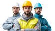 © Maestro - Three men wearing hard hats and work jackets with arms crossed, cut out transparent