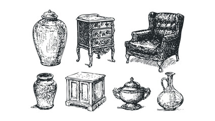 Sketch of vintage furniture and ceramic vases on a transparent background. Vector hand drawn illustration