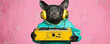 © Wonderful Studio - Halloween popart funny cartoon bat with headphones hoodie holds yellow cassette player, quirky vibe and bright pink backdrop create playful charm