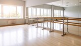 Bright dance studio with wooden floor ballet barres and large mirror