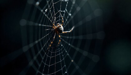 Intricate spider web glistens with morning dew, showcasing a detailed arachnid in dramatic light