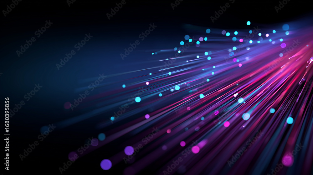 Glowing neon fiber optic strands with blue and pink light particles on ...