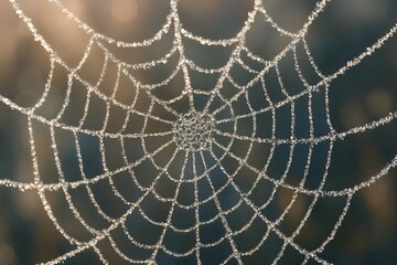Frost covered spiderweb sparkling in morning sunlight with crystal droplets and soft bokeh background, delicate macro nature detail in cinematic clarity