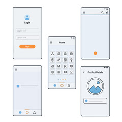 A set of modern mobile application user interface wireframes, including login, home, and product detail screens.