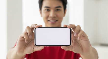 Young man holding smartphone with blank white screen, smiling and standing indoors, technology concept, modern lifestyle, copy space for app or message, casual clothing, bright background