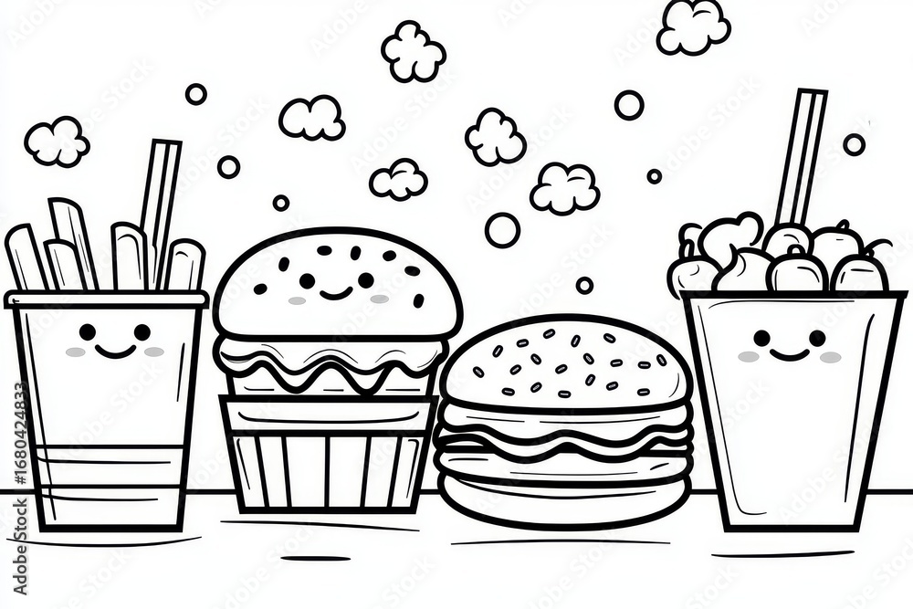 Kawaii fast food coloring page for kids, simple vector line art clipart ...