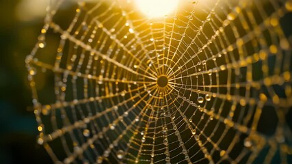 Golden droplets glisten on delicate spiderweb