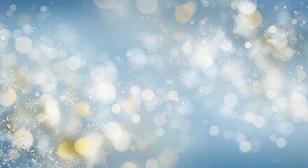 A festive and serene holiday background with sparkling bokeh lights and white snowflakes on a blue backdrop