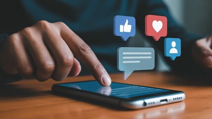 Person using smartphone with social media icons and notifications
