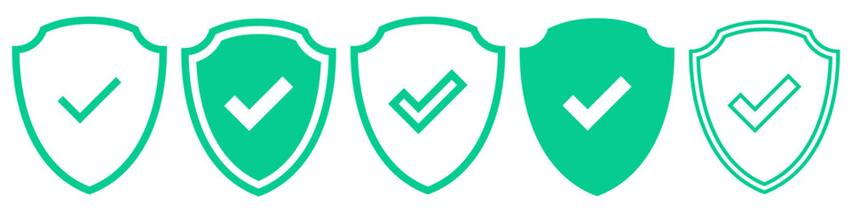 Shield check mark icon or security shield protection icon with tick symbol. green security shield icon
