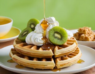 Wall Mural - waffles topped with kiwi fruit, honey, and whipped cream