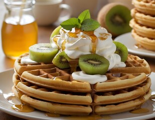 Wall Mural - waffles topped with kiwi fruit, honey, and whipped cream
