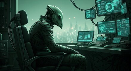 Focused Cyberpunk Character at Futuristic Workstation.