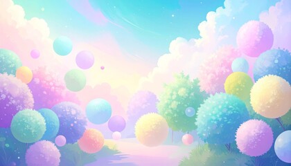 Colorful Easter eggs and bright balloons glow in a beautiful sky with defocused lights and a blurred, shiny blue and green backdrop