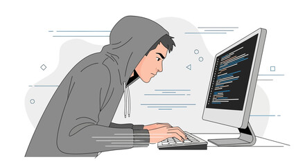 Person Coding With Hoodie Working Behind Computer Screen With Futuristic User Interface