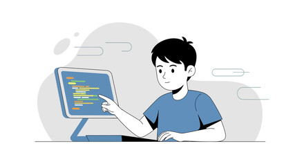 Young Person Coding On Computer with Finger Pointing Showing Programming Process