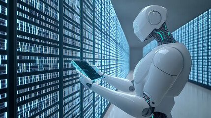 Wall Mural - Robot Analyzing Data in a High-Tech Server Room