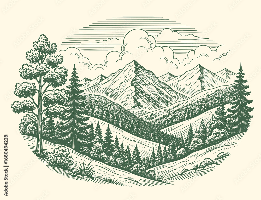 Black and white mountain landscape illustration with pine trees, forest ...