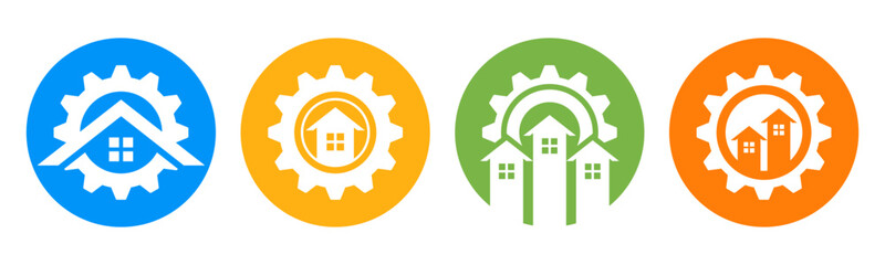 Set of gear with house icon vector symbol. Representing innovation, solution, and real estate