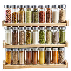 Wooden spice rack filled with assorted spices and seasonings isolated for culinary use transparent background