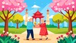 © Riski - Elderly couple enjoying ice cream in a park with cherry blossoms and a gazebo