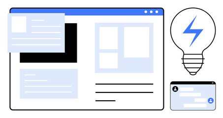 Web interface with layout cards, lightbulb symbolizing ideas, and user profile element. Ideal for web design, UIUX, innovation, technology, creativity, startups simple landing page