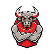 © FAISAL - Mascot of a muscular bull wearing a red vest with arms crossed