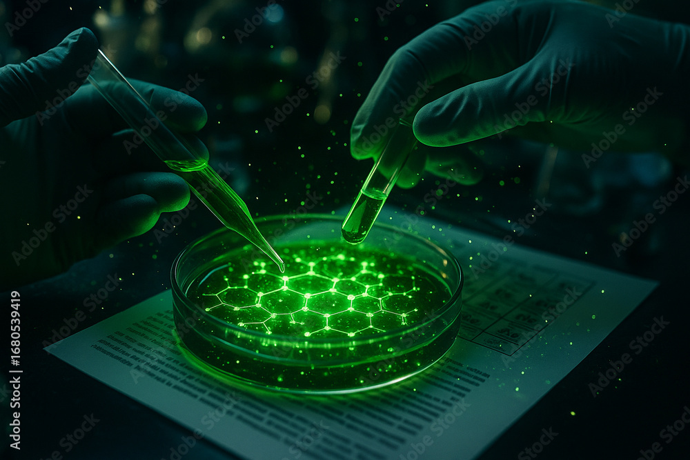 AI generated laboratory scene with green glowing liquid in petri dish ...