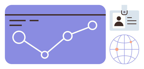 Graph chart with trend line, ID badge, and globe with points interconnected. Ideal for analytics, global business, user identity, networking, research reporting modern technology. Simple flat