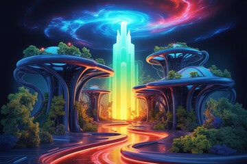 Wall Mural - Stunning futuristic city with glowing towers and lush greenery at night