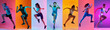 © master1305 - Mixed five athletes in motion collage with neon studio lighting effects. Concept of strength, endurance, track performance, competition, fitness lifestyle, and modern sports visuals.