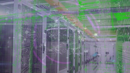 Wall Mural - animation of microprocessor connections with circle spinning over programming codes in server room